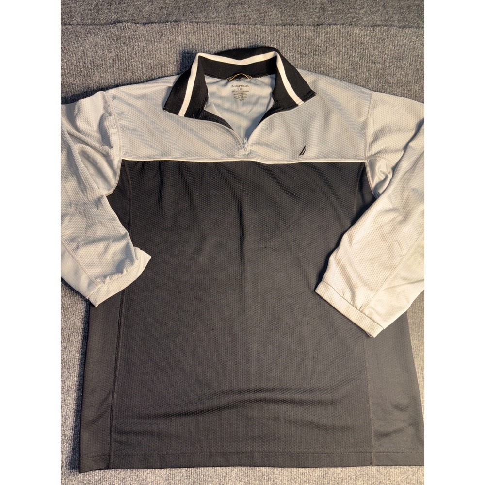 Nautica Polo Shirt Men's L Black Blue‎ Long Sleeve Quarter Zip Collared Pullover